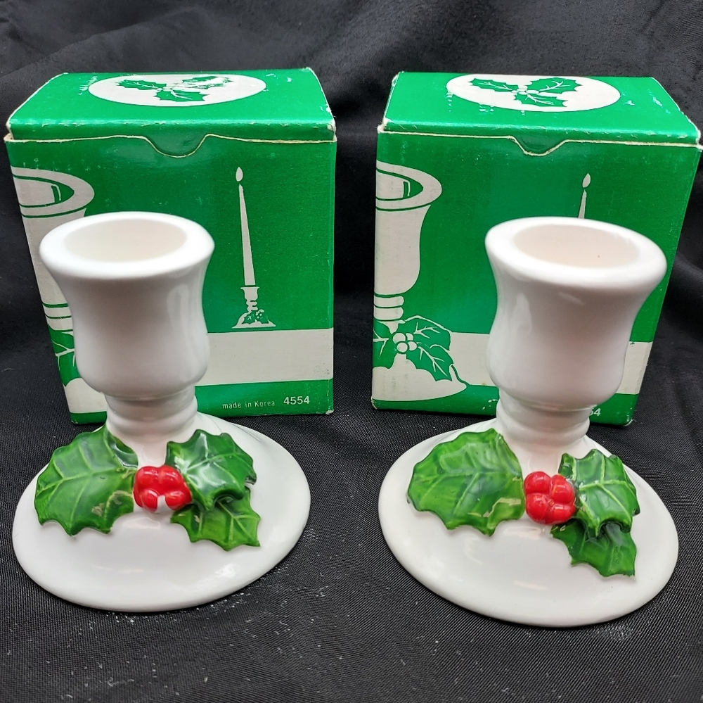 Pair of Vintage Lillian Vernon Christmas Candle Holder Holly Berries Earthenware
